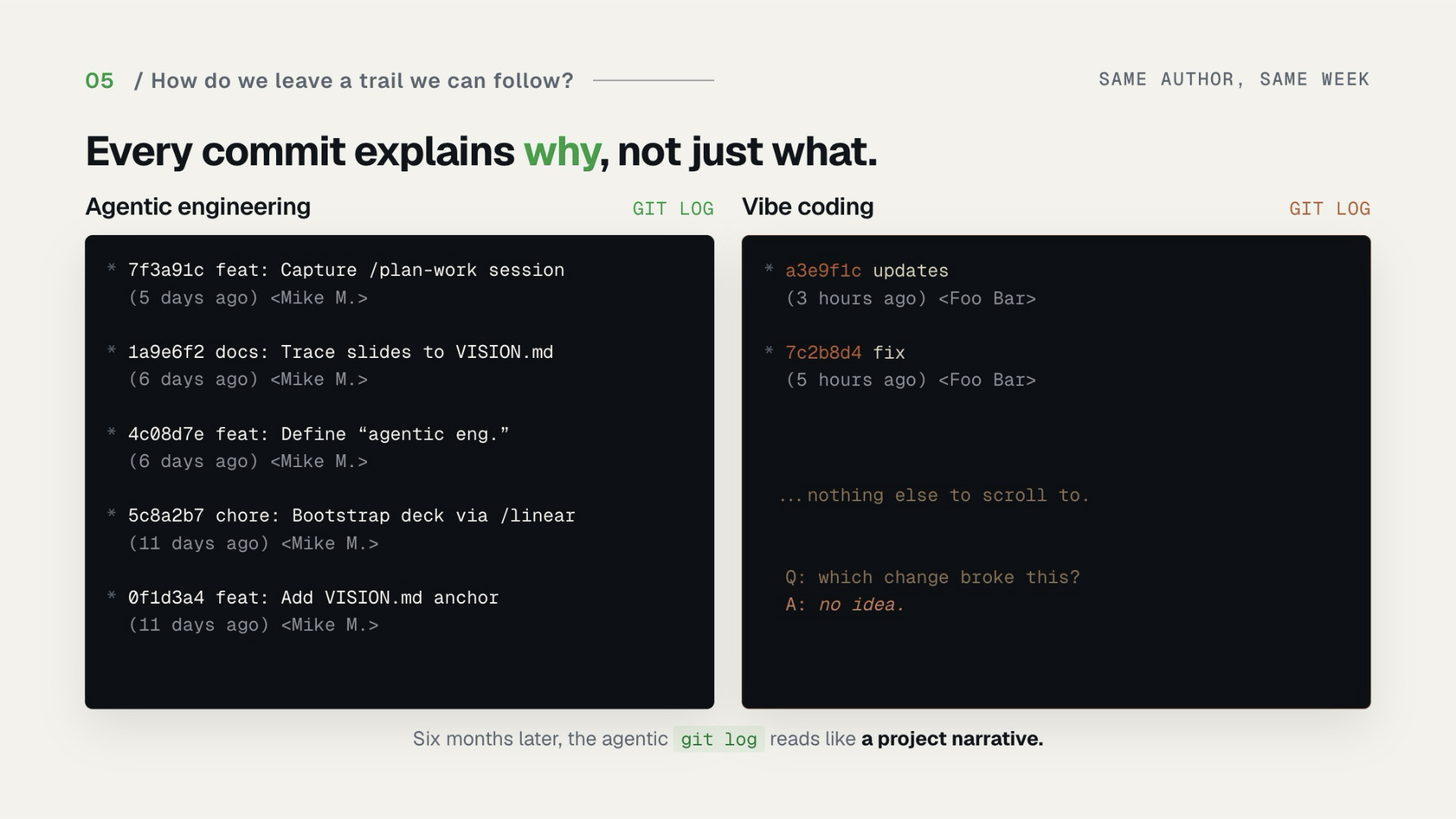 Slide 23 — Every commit explains why, not just what